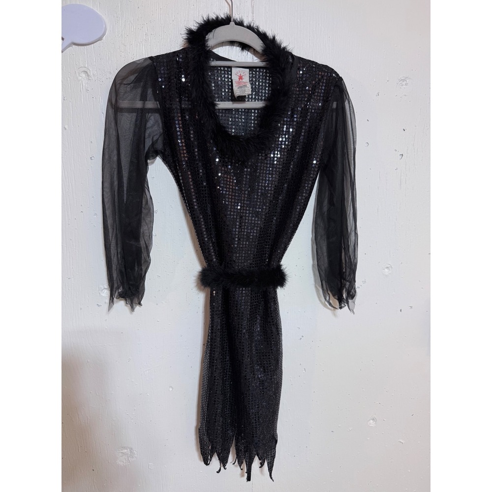 Rubies Black Sequin Faux Fur Trim Sheer Sleeve Costume Mini Dress Large